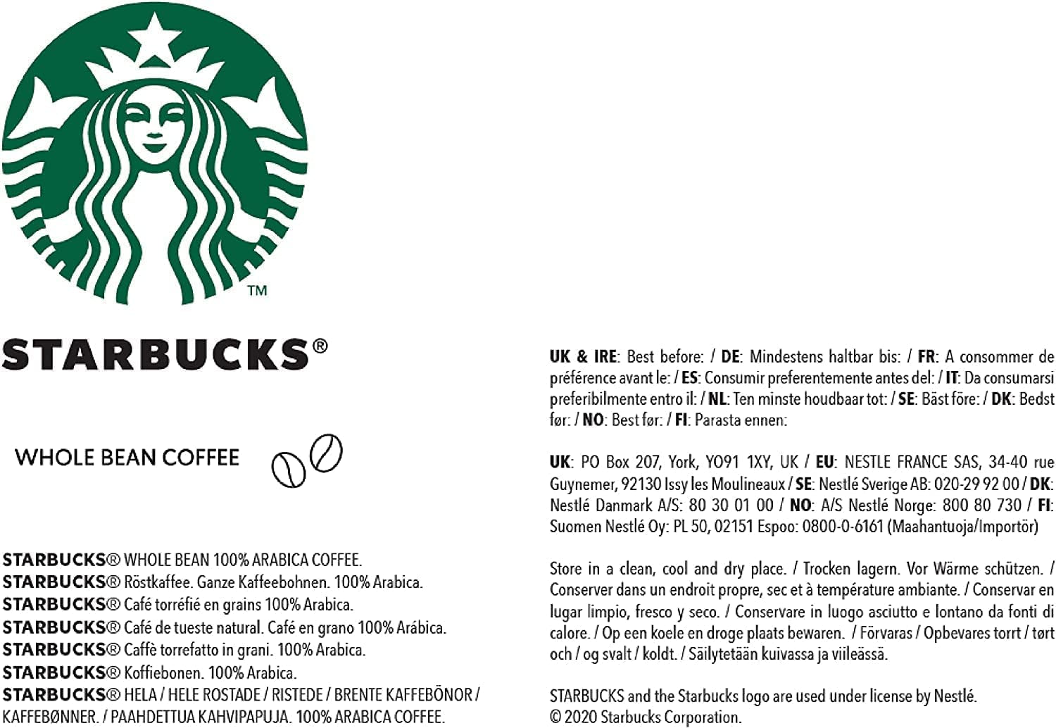 STARBUCKS Cafea Columbia de origine unică, prăjire medie, boabe întregi 450g (pachet de 4)