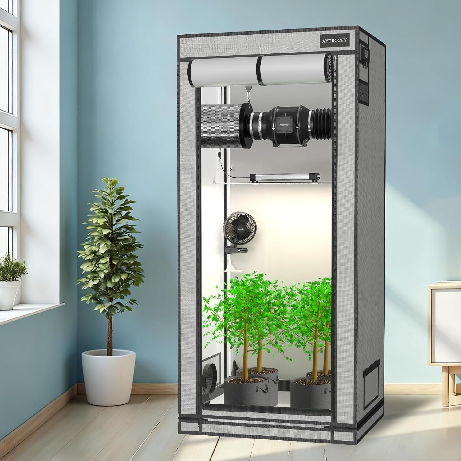 Aygrochy Tienda de Cultivo 60x60x160cm Tienda de Cultivo Interior con Bandeja Inferior Extraíble de PEVA Blanca Reflectante para Espacio de Cultivo de Plantas