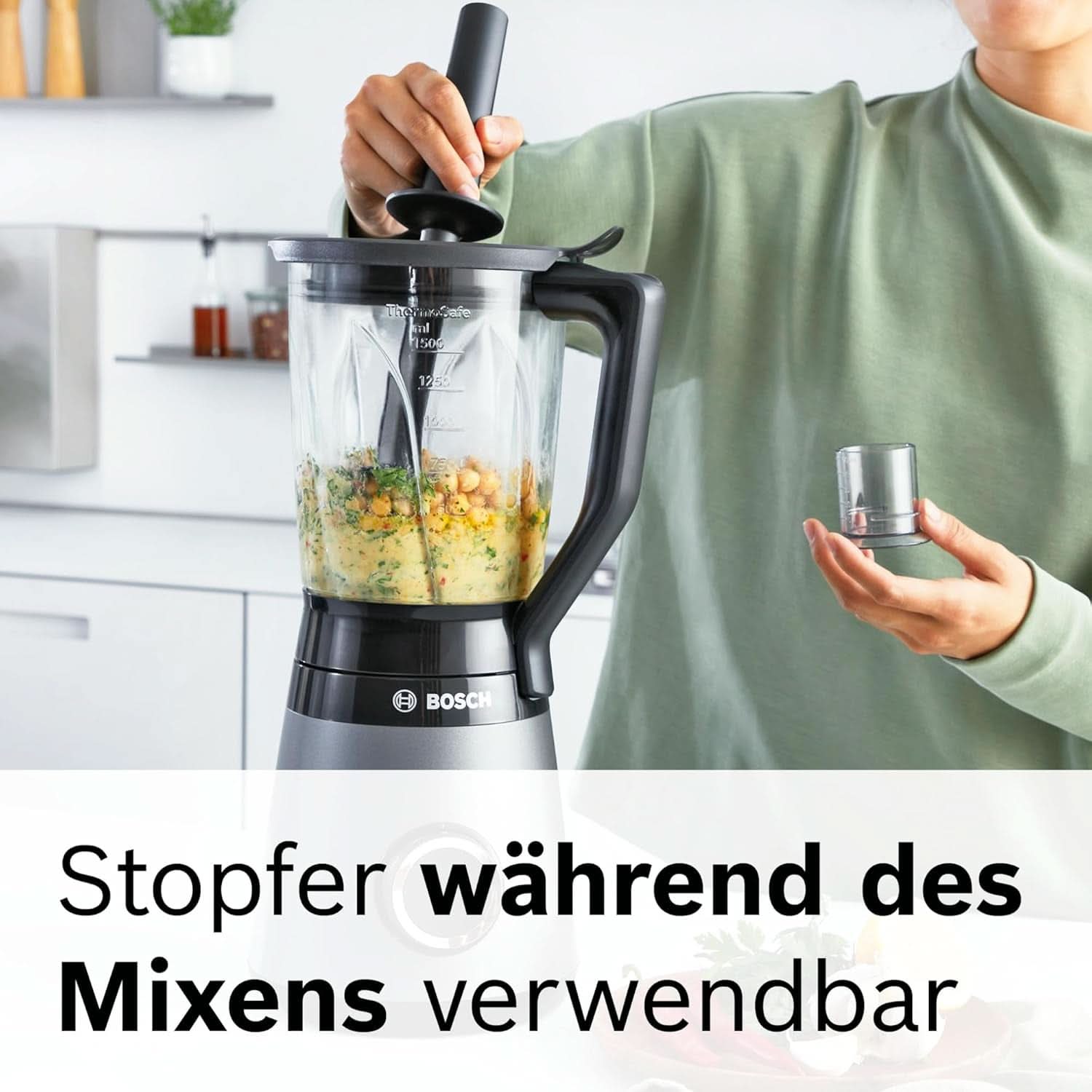 Bosch Batidora amasadora Vitapower Serie 4 MMB6174SN, Verbesserte Version, Hochwertige Edelstahl-Klingen, 1.5L Glassbehälter, 0.6L To-Go-Flasche, Spülmaschinenfeste Teile, 30.000 U/Min, 1200 W, Silver Kitchen Naty Shop