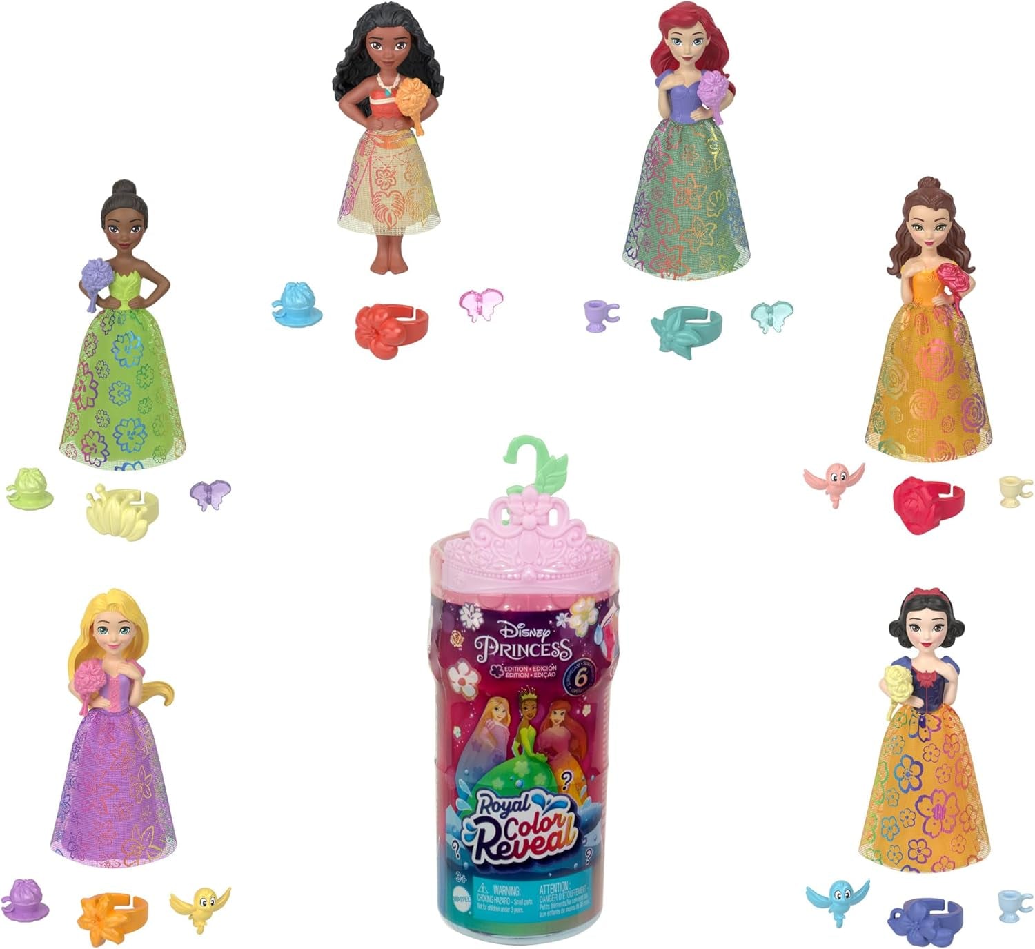 Disney Prinzessin-Spielzeug, Royal Color Reveal-Puppe mit 6 Überraschungen zum Auspacken, Freundschaft-Serie mit einer Figur eines Freundes, von den Disney-Filmen inspiriert