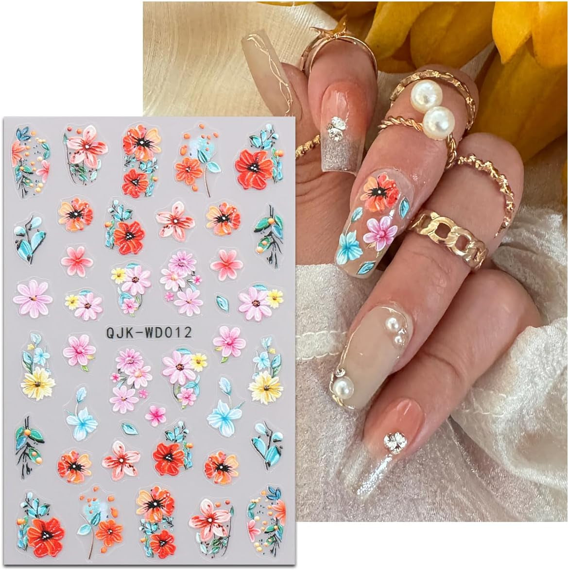 JMEOWIO Nagelsticker Blumen 6 Blatt Nail Art Sticker Selbstklebend Nagelaufkleber Sommer Blumen Dekoration Nageldesign Zubehör