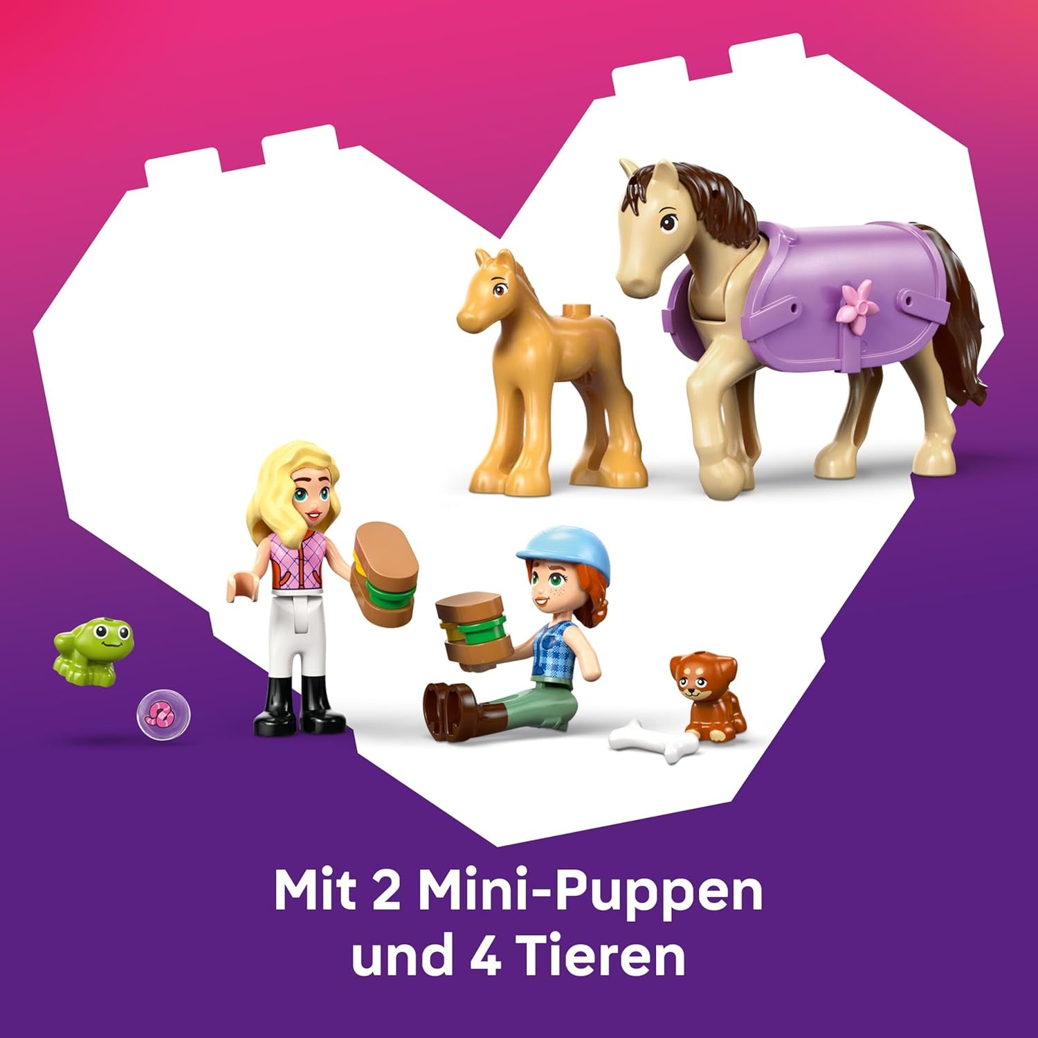 LEGO Friends Pferd und Fohlen mit Pferdeanhänger - Pferde Spielset mit Pflegezubehör, 4 Tierfiguren, Auto & 2 Mini Puppen - Geschenkeidee zum Geburtstag für Mädchen ab 7 Jahren - 42695