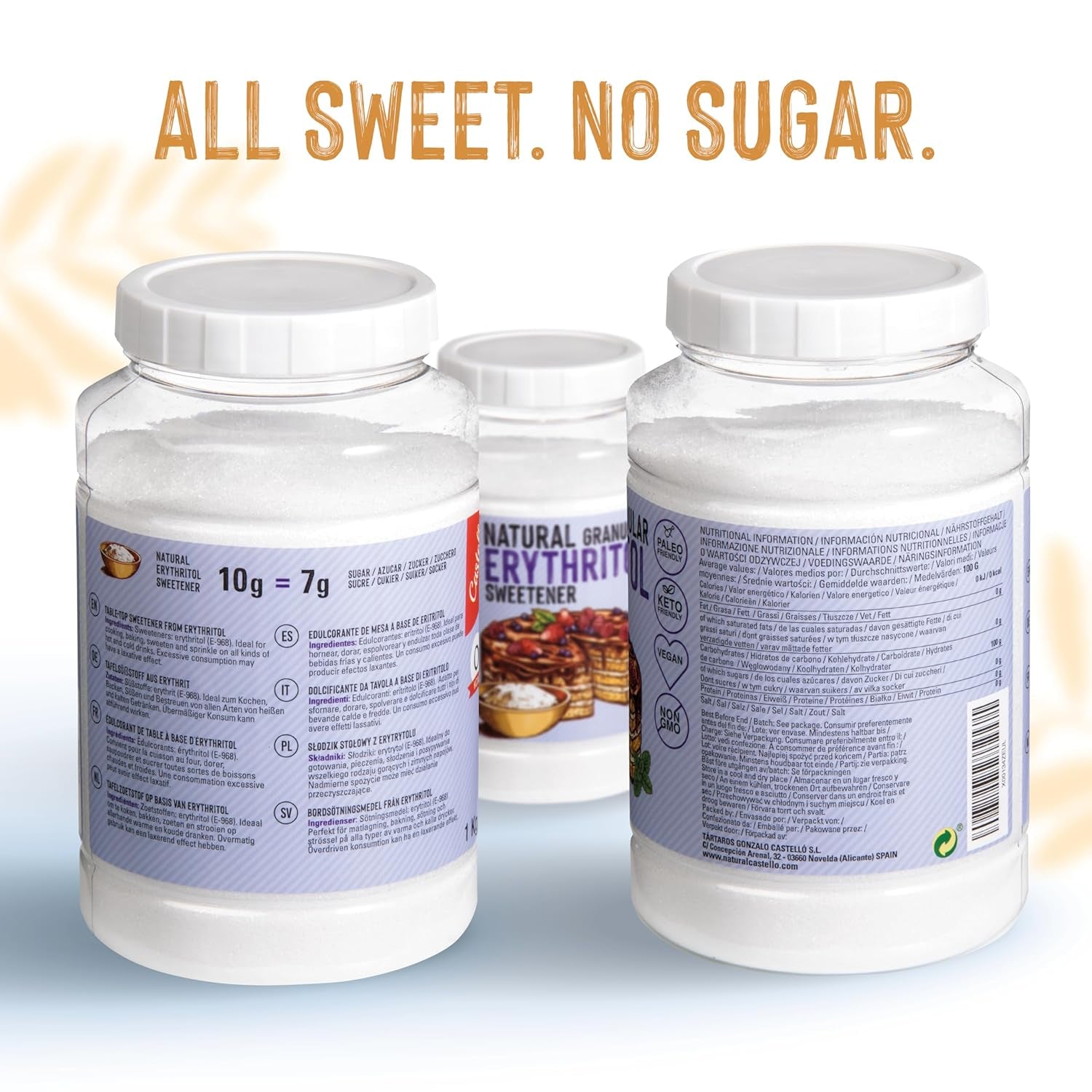 Natural Erythrit - Kristallzucker | 10G = 7G Zucker | Natürlicher Zuckerersatz - 0 Kalorien - 0 Glykämischer Index - Keto Und Paleo - 0 Netto-Kohlenhidrato - Kein GVO - Castello since 1907-1Kg Edulcorantes Naty Shop