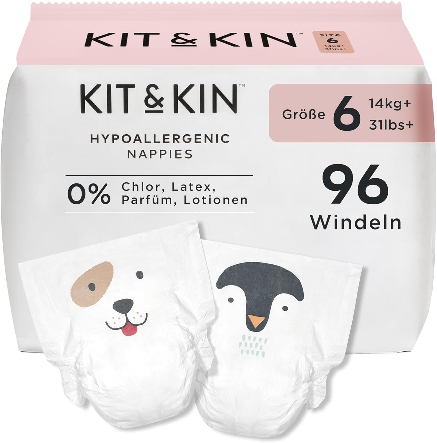 Kit & Kin Pañales Premium, tamaño 4 (9-14 kg), 128 unidades, a base de plantas e hipoalergénicos, protección confiable contra fugas, veganos y libres de crueldad