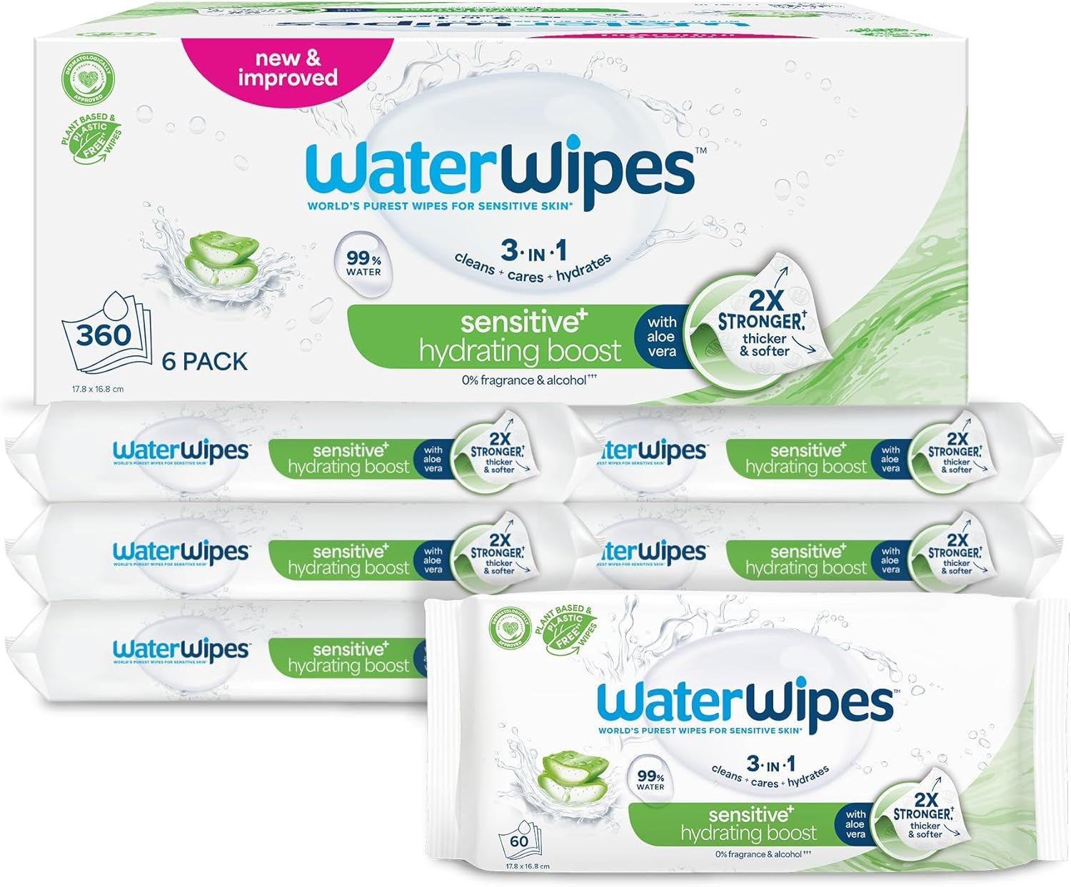 Toallitas húmedas WaterWipes Sensitive+ Hydrating Boost, toallitas hidratantes, 360 piezas (paquete de 6), 3 en 1 limpieza, cuidado, hidratación, 99% agua de aloe vera, toallitas para bebés sin perfume