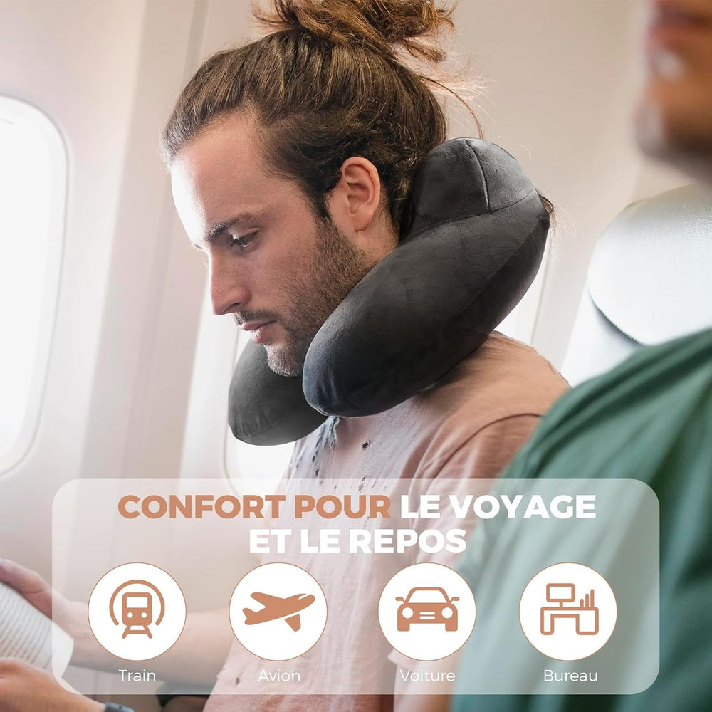 Pernă de călătorie gonflabilă, pernă de călătorie cu mască de somn + dopuri pentru urechi + sac de transport, super ușor și portabil, ideal pentru avion, mașină, casă, birou, negru Perne calatorie Naty Shop