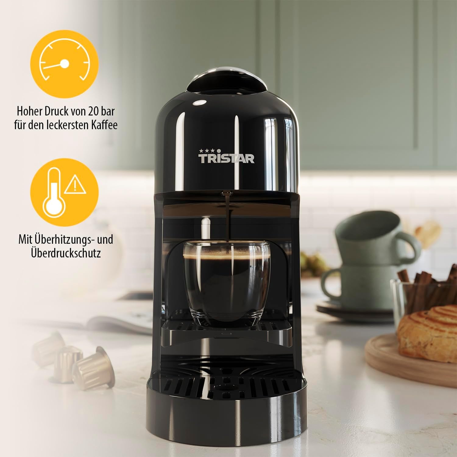 Espressor cu capsule Tristar - Compatibil cu capsulele Nespresso - Tavă de scurgere detașabilă - Rezervor de apă detașabil, spațios, de 900 ml - Presiune 20 bar - 1400 W - CM-2300