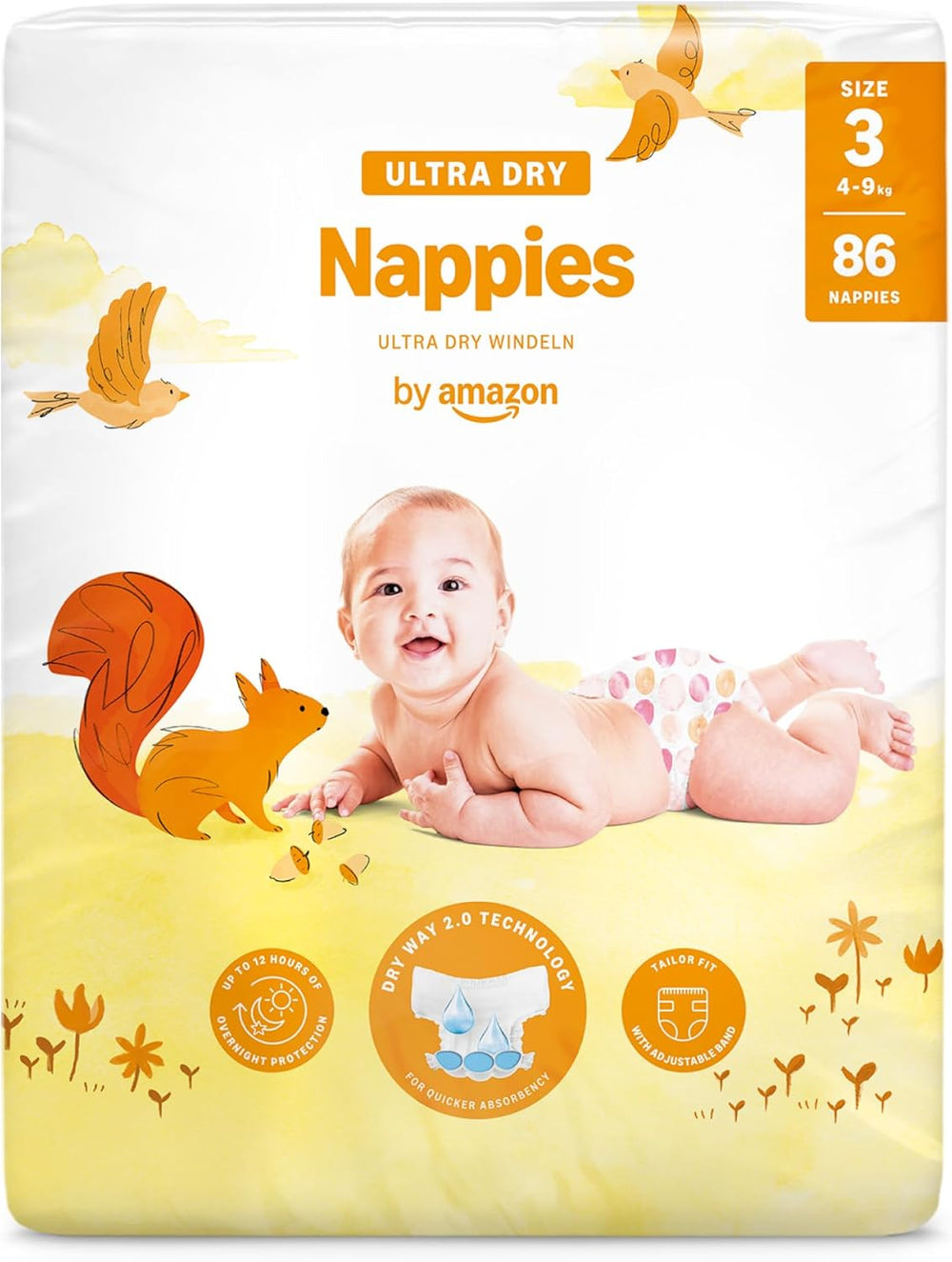 Pañales Amazon Ultra Dry, tamaño 3 (4-9 kg) - Caja mensual, blanco, 172 unidades (2 paquetes de 86) (anteriormente Mama Bear, producto idéntico)