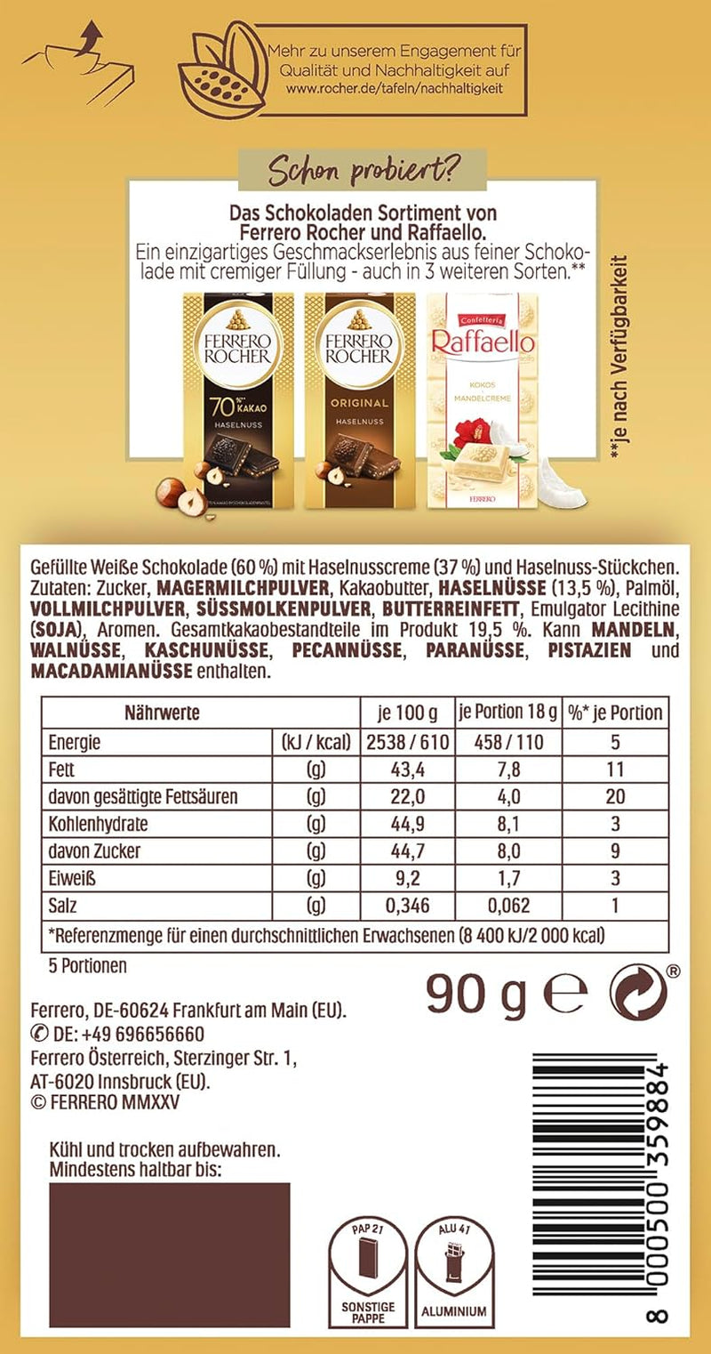Barrita Ferrero Rocher - Chocolate Blanco con Avellanas - Regalo de San Valentín para Él y Ella - 1 Barra de Chocolate x 90g