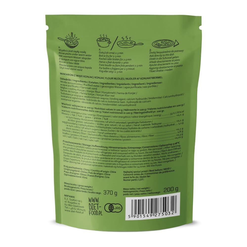 Fideos Shirataki Dietéticos | Fideos Konjac bajos en carbohidratos | 200 gramos de fideos dietéticos solubles en agua, veganos, bajos en calorías, sin grasa, sin soja, sin gluten