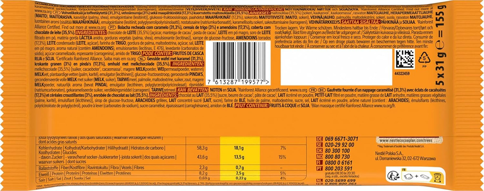 Barra de chocolate con maní cubierta de chocolate con leche, delicioso relleno de caramelo, maní y oblea crujiente, paquete de dulces a granel, 1 paquete (5 x 31 g)