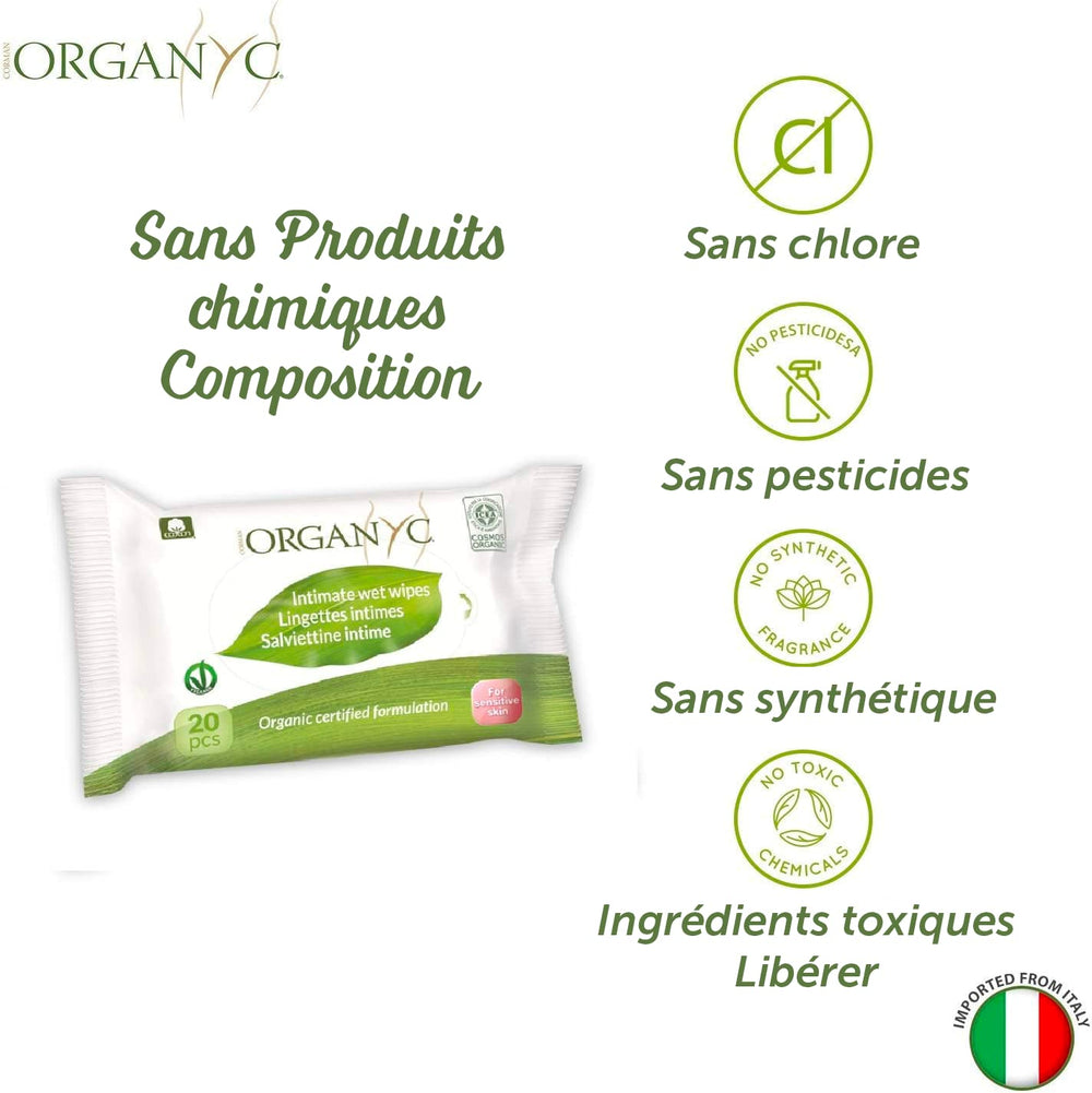 Toallitas íntimas húmedas Organyc, hechas de 100% algodón orgánico certificado, 4 paquetes de 20 toallitas (80 toallitas en total)