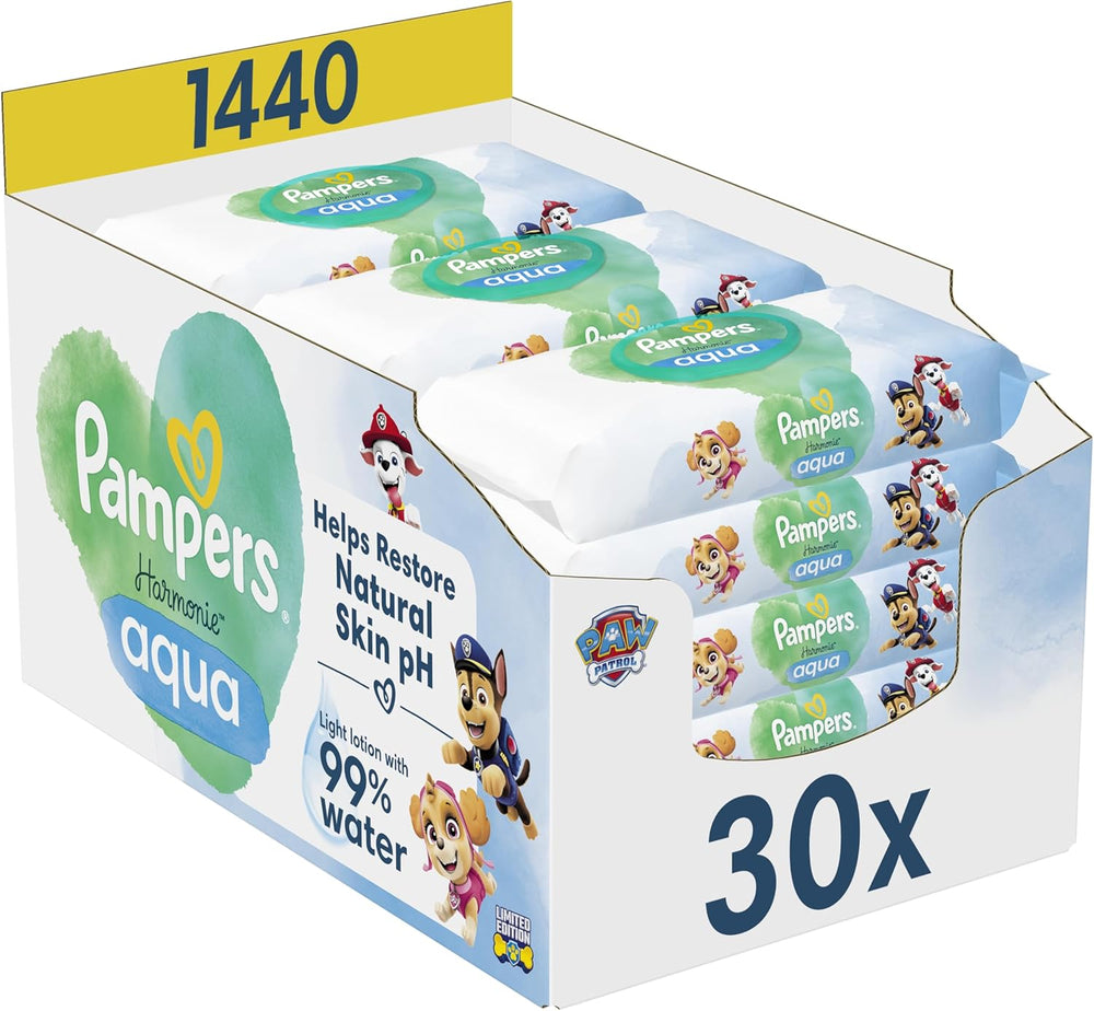 Pampers Harmony Aqua Baby Wipes Paw Patrol 15 Paquete de 48 toallitas 720 toallitas para bebé ayudan a restaurar el equilibrio natural del pH de la piel Loción ligera 99% agua