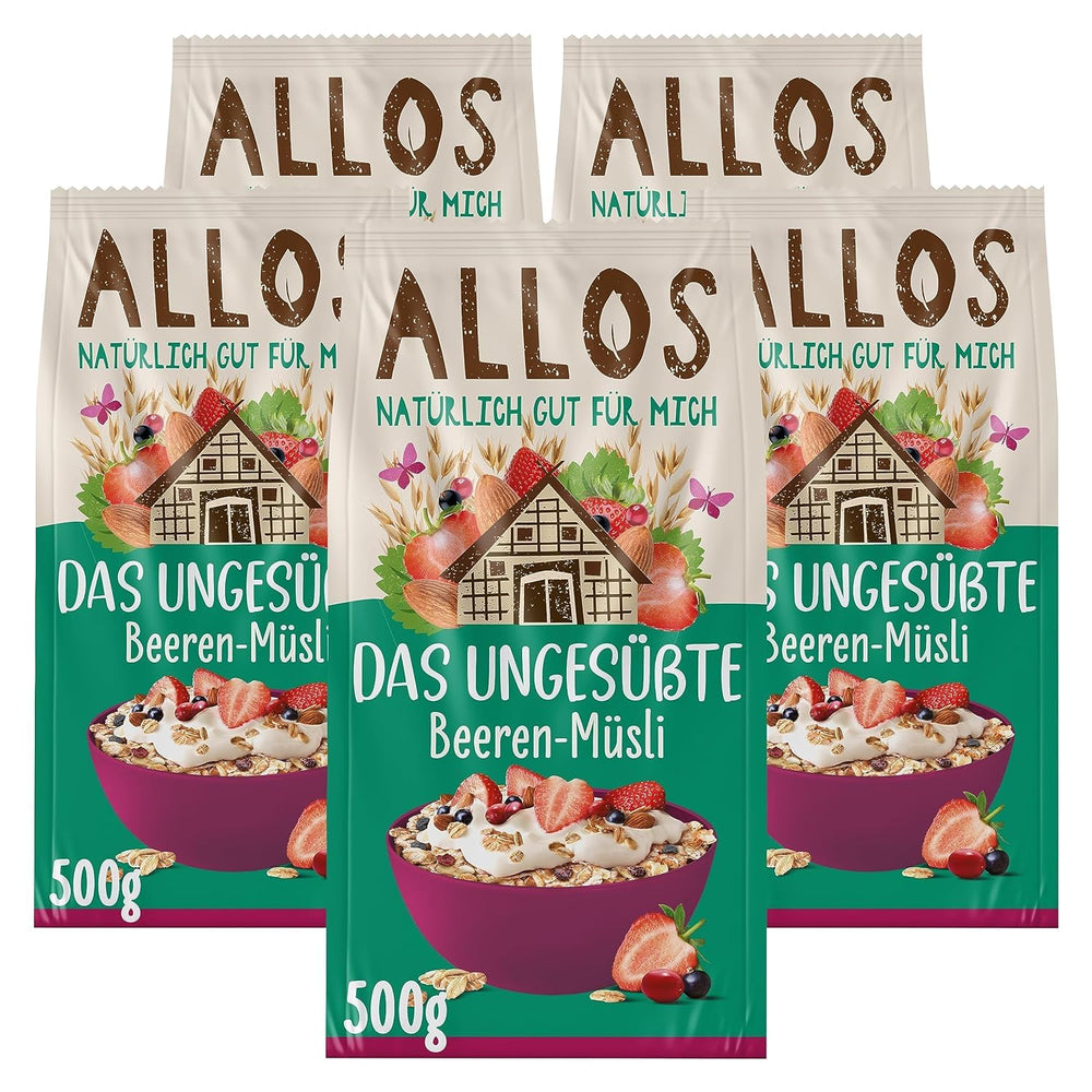 Allos muesli proteico sin azúcar | Muesli orgánico | Avena | Cereales para el desayuno | Vegano (5 x 450 g), 1 pieza (paquete de 5)