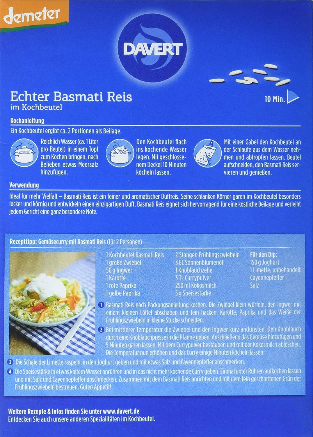 Davert arroz basmati orgánico en bolsas para cocinar, 2 bolsas, 250 g