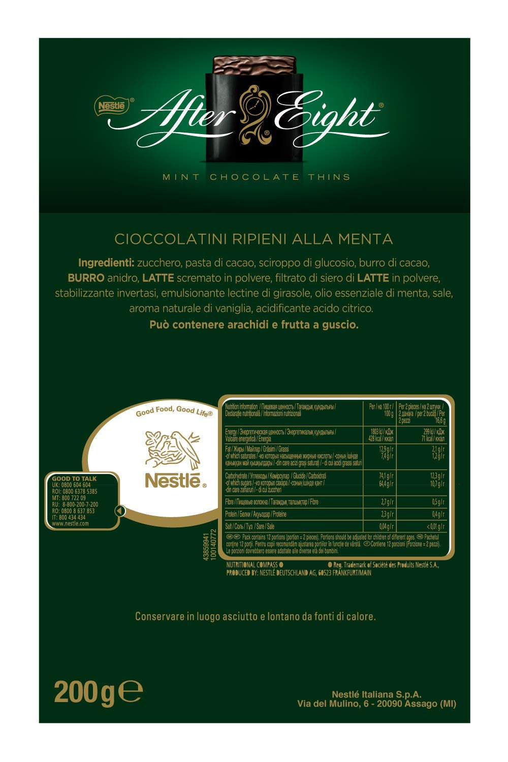 NESTLÉ AFTER EIGHT Cuadritos finos de chocolate amargo con relleno de crema de menta para conocedores Paquete de 5 (1 x 200 g)