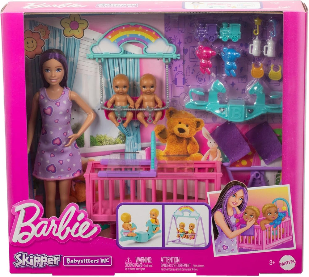 Muñeca Barbie Skipper y guardería con accesorios, incluye muñecos gemelos, 1 cuna, 1 columpio, 1 mecedora y más, HXM99 Naty Shop Dolls