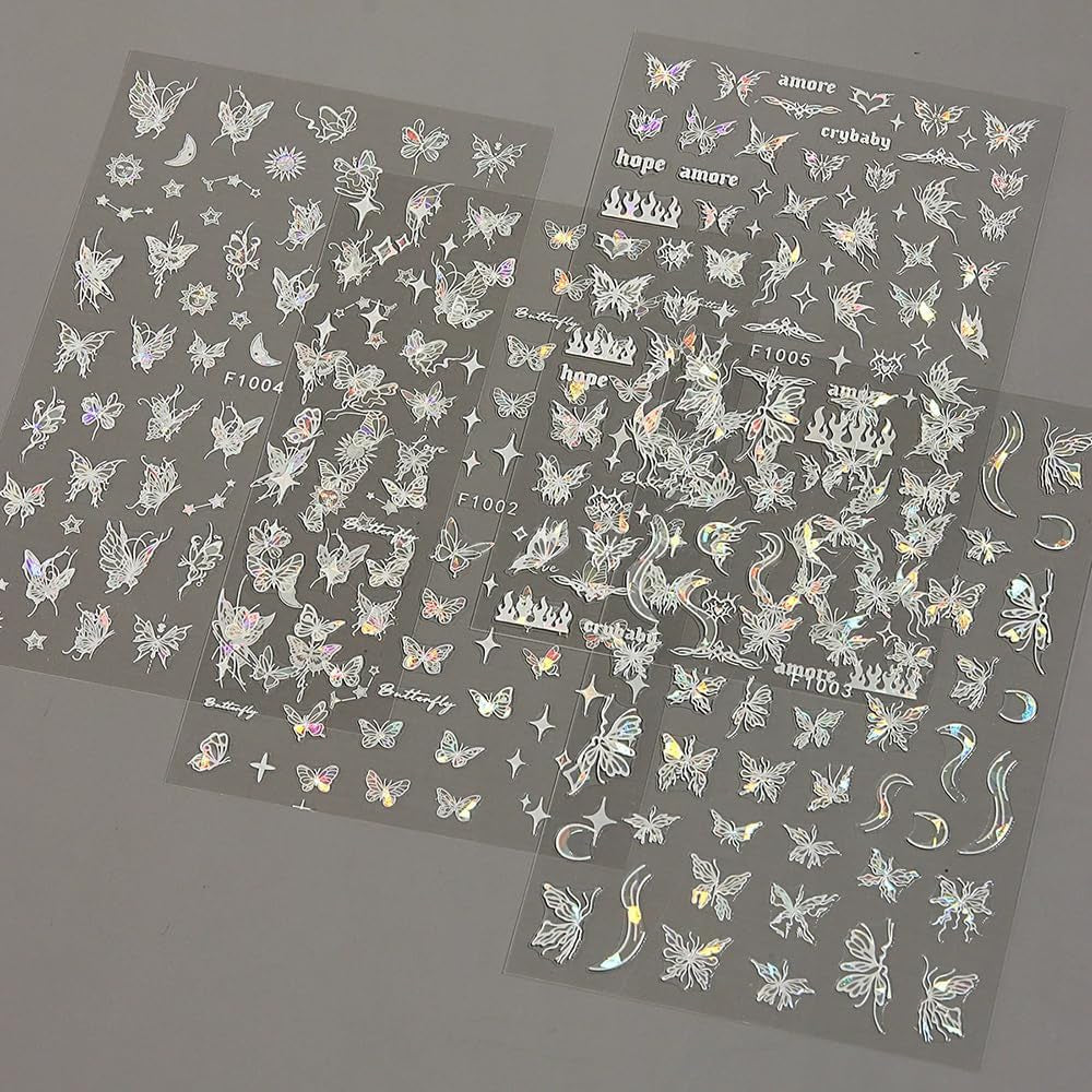4 Blätter Holographisch Laser Weiß Schmetterling Nagelsticker,Y2K Aurora Schmetterlinge Stern Nail Sticker 3D Flamme Herz Nageldesign Nagelsticker Selbstklebend Nagel Sticker Nagel Zubehör Nail Art