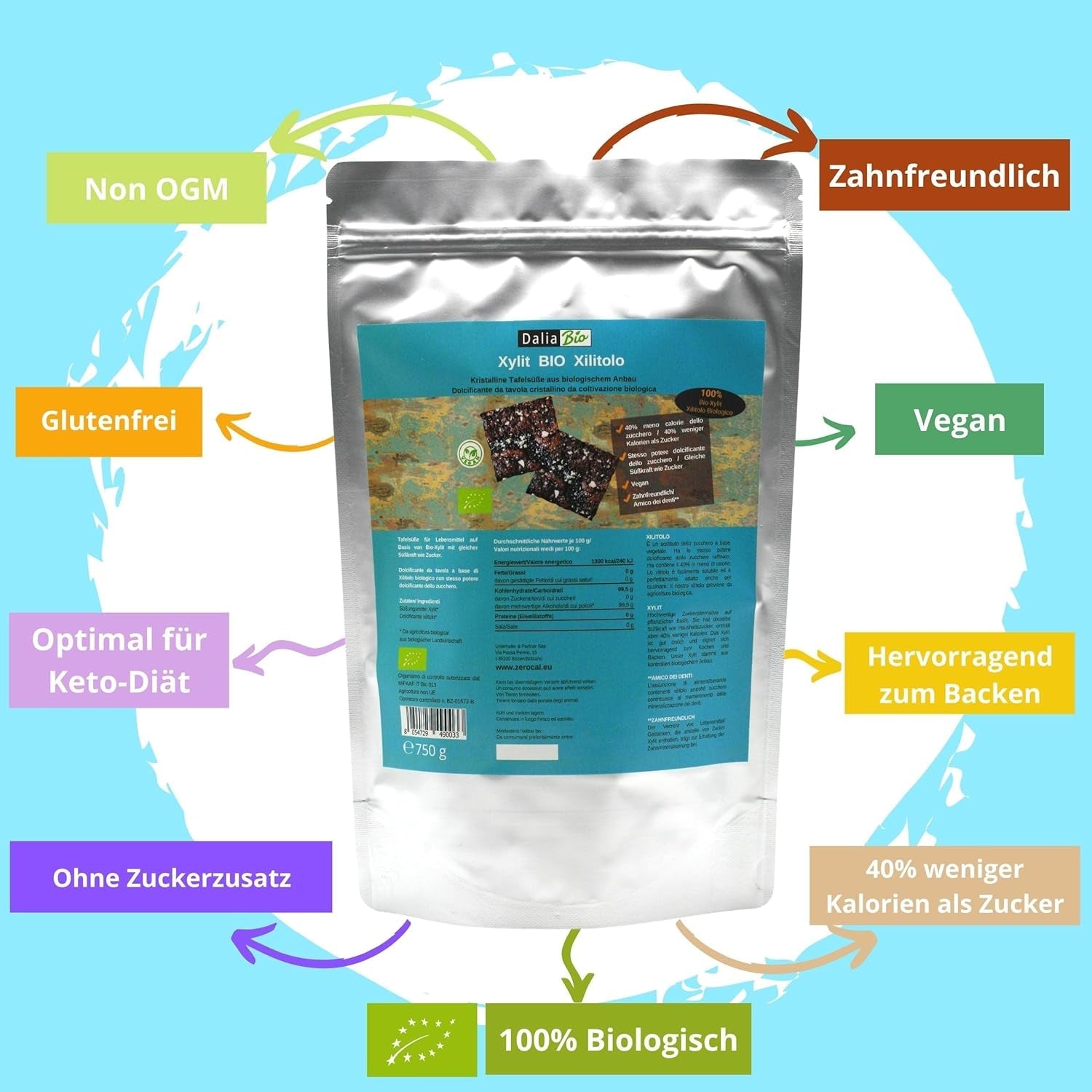 Bio Xilitol Bio | Aus Biologischer Landwirtschaft | 40% menos calorías Zahnfreundlich | Ideal Zum Kochen Und Backen, 750 G Edulcorantes Naty Shop