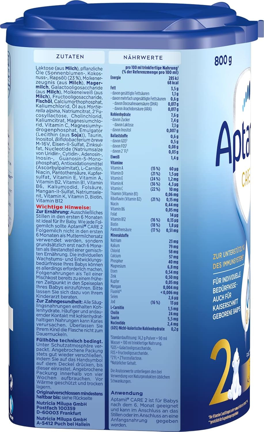 Aptamil Care 2 - Leche de continuación a partir de los 6 meses, con Omega 3 y 6, DHA y ARA, sin aceite de palma, papilla, leche en polvo, 1 x 800 g (paquete de 3)