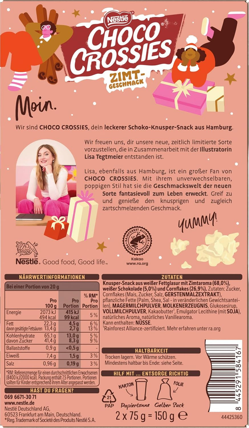 Nestlé Canela, copos crujientes ligeros y almendras crujientes cubiertas con un glaseado blanco que se derrite en la boca, sabor a canela, 1 paquete (2 x 75 g)