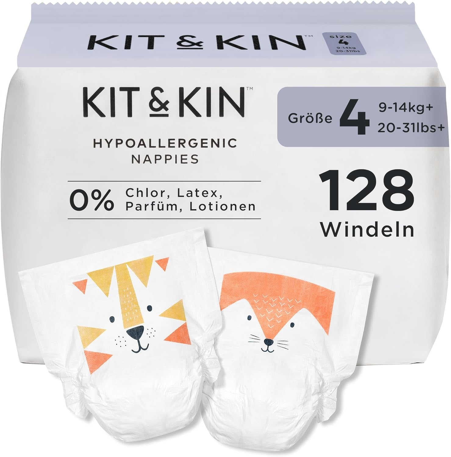 Kit & Kin Pañales Premium, tamaño 4 (9-14 kg), 128 unidades, a base de plantas e hipoalergénicos, protección confiable contra fugas, veganos y libres de crueldad