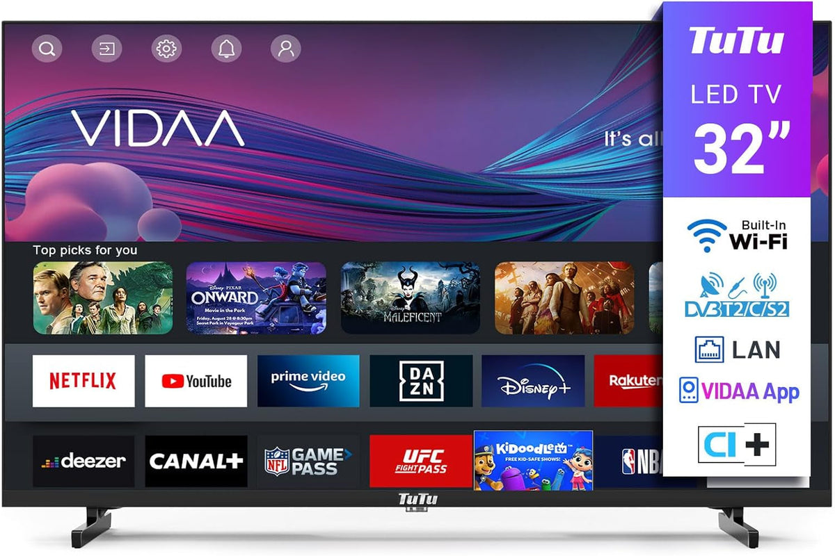 TuTu TUV32HQ1B Smart TV de 32 de inci, televizor LED HD de 80 cm cu Wi-Fi, App Store, tuner triplu (DVB-T/T2, DVB-C, DVB-S/S2), HDMI, USB