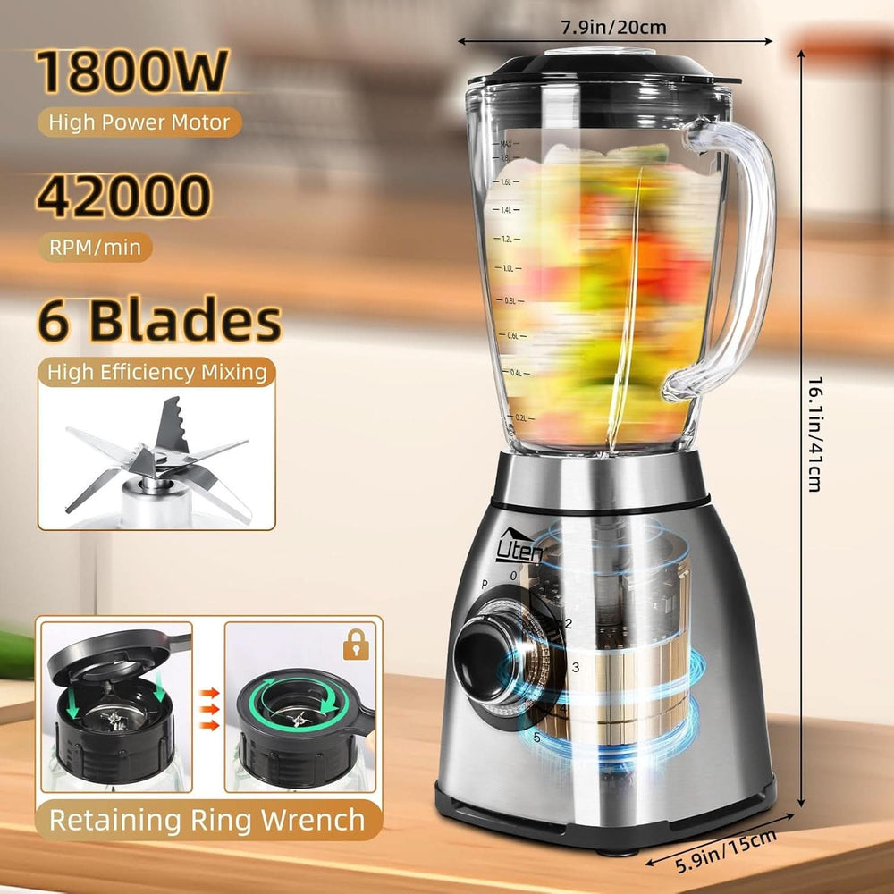 Uten Batidora con base 2L, 1800 W Batidora Hochleistungsmixer, Pulse Und 5 Geschwindigkeiten, Edelstahlgehäuse, 6 Klingen, Macht Milchshake-Smoothies, Mahlbare Kaffeebohnen Mother and Child Naty Shop
