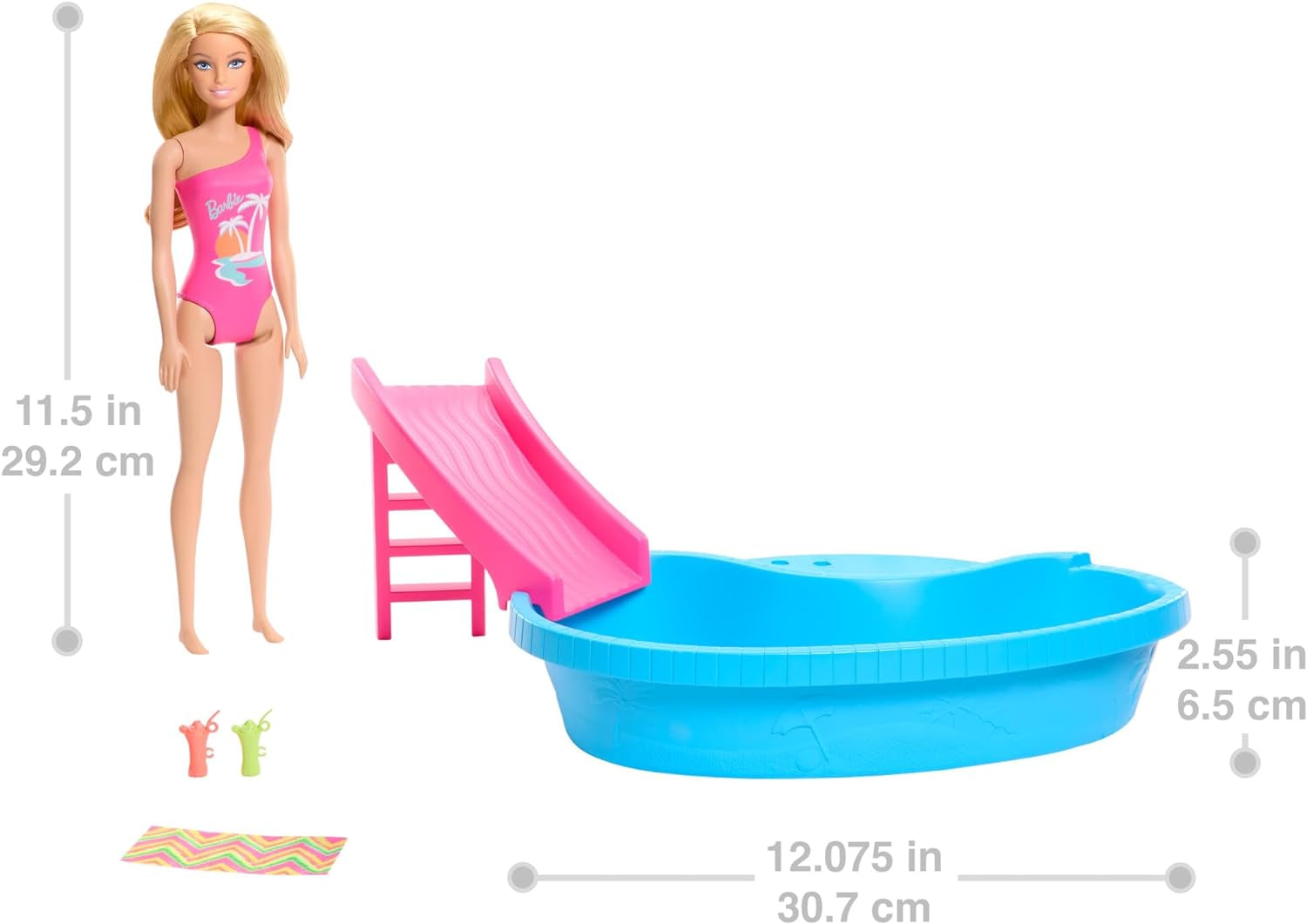 Păpușă Barbie și accesorii - piscină cu tobogan și accesorii pentru ore întregi de distracție la soare, costum de baie roz cu design tropical, pentru copii cu vârsta de 3 ani și peste, HRJ74