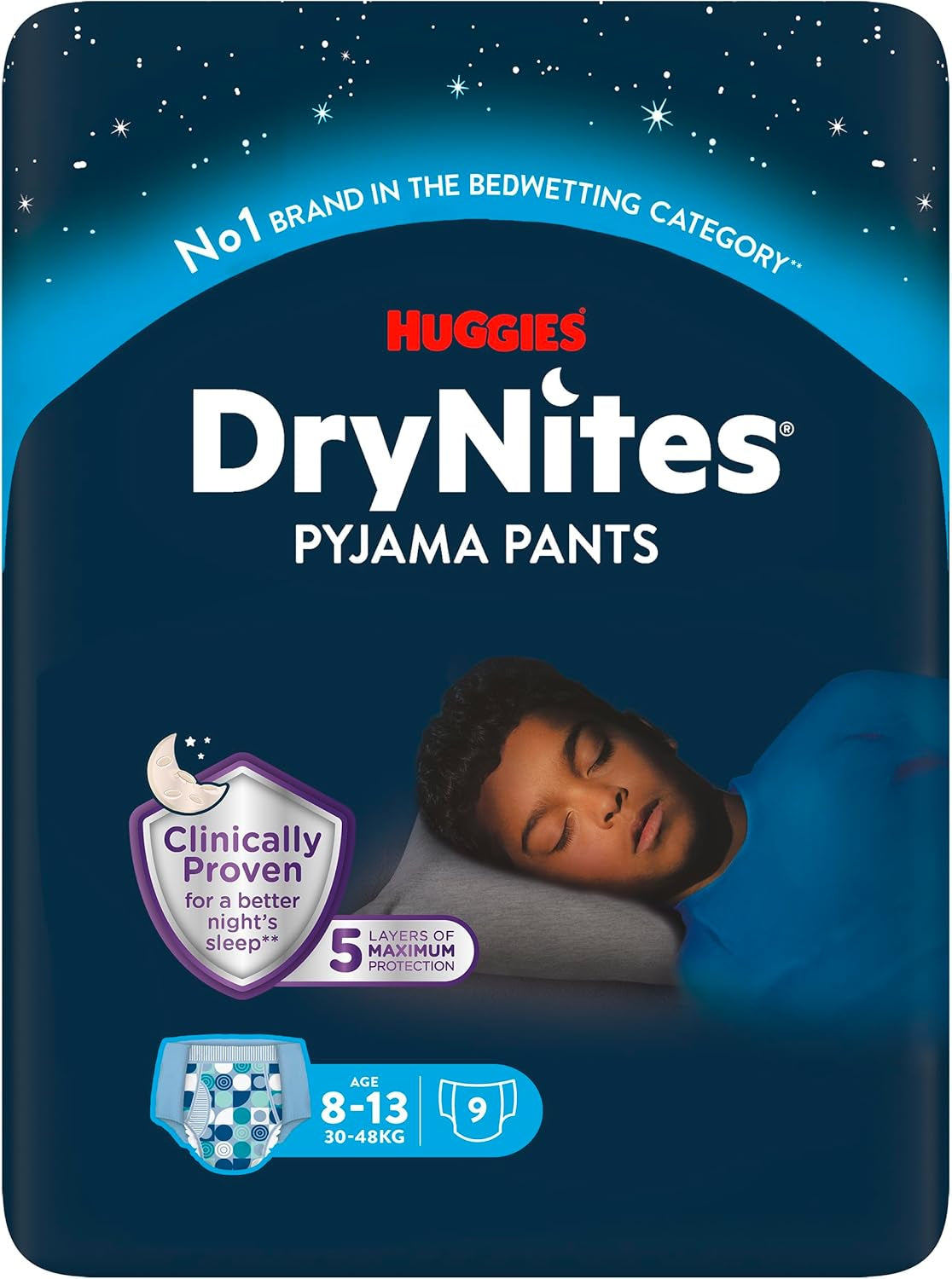 Huggies DryNites Pañales súper absorbentes para mojar de noche para niños de 8 a 13 años (30 a 48 kg), 27 unidades (3 x 9 unidades) Pañales tipo panty