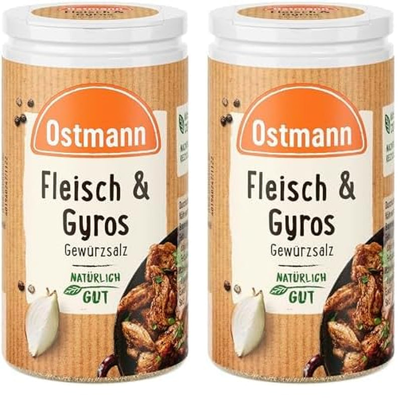 Ostmann Gewürze - Fleisch & Gyros Gewürzsalz | Pikantes Gewürz mit mediterraner Note für ggrilltes und gebratenes Fleisch | Mit praktischem Streuaufsatz | 50 g en un colador