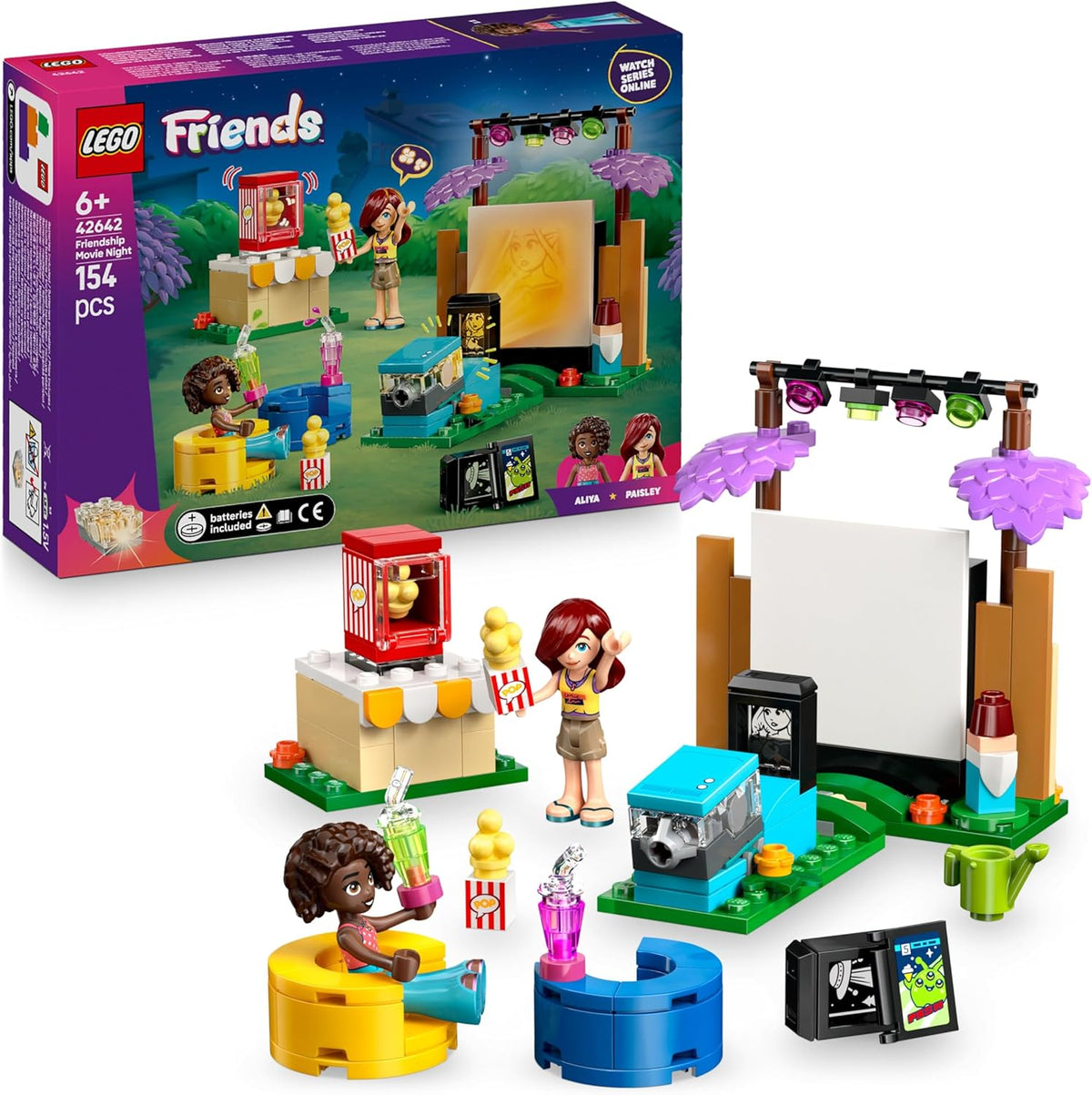LEGO Friends Noche de Película de la Amistad, juguete para niñas mayores de 6 años - incl. 2 minimuñecos, una pantalla y un proyector de ladrillos luminosos - Set de construcción creativa - 42642