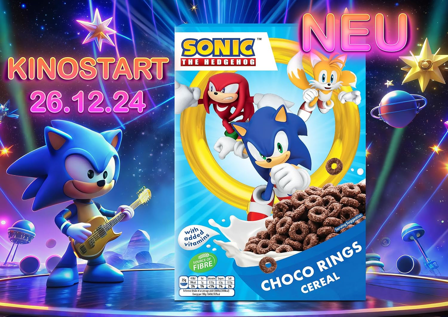 Sonic Choco Rings aros de cereal, trigo, avena y maíz para el desayuno perfecto, con vitaminas añadidas, 1 paquete (1 x 350g)