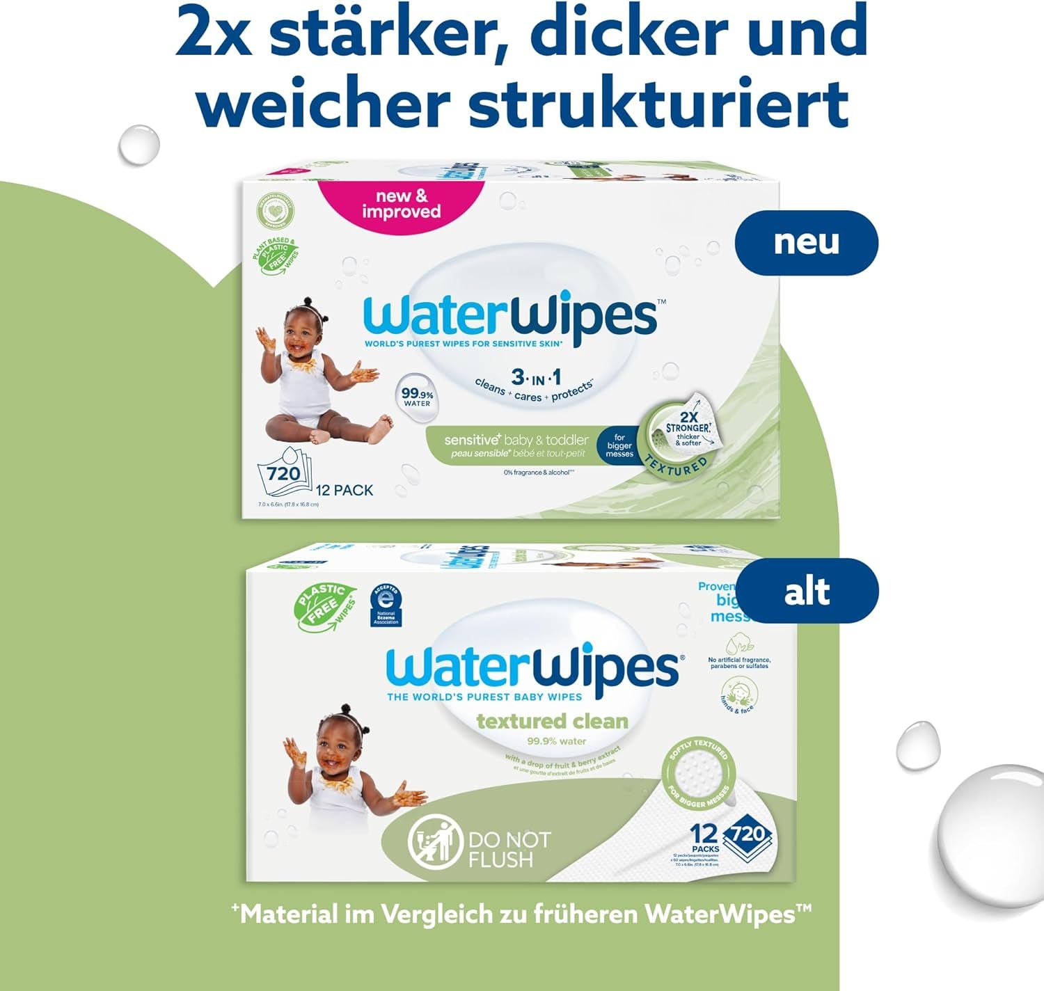 WaterWipes Sensitive+ Toallitas húmedas para bebés y niños pequeños, 720 unidades (paquete de 12), limpieza, cuidado, protección 3 en 1, 99,9% agua, limpieza texturizada, sin fragancia