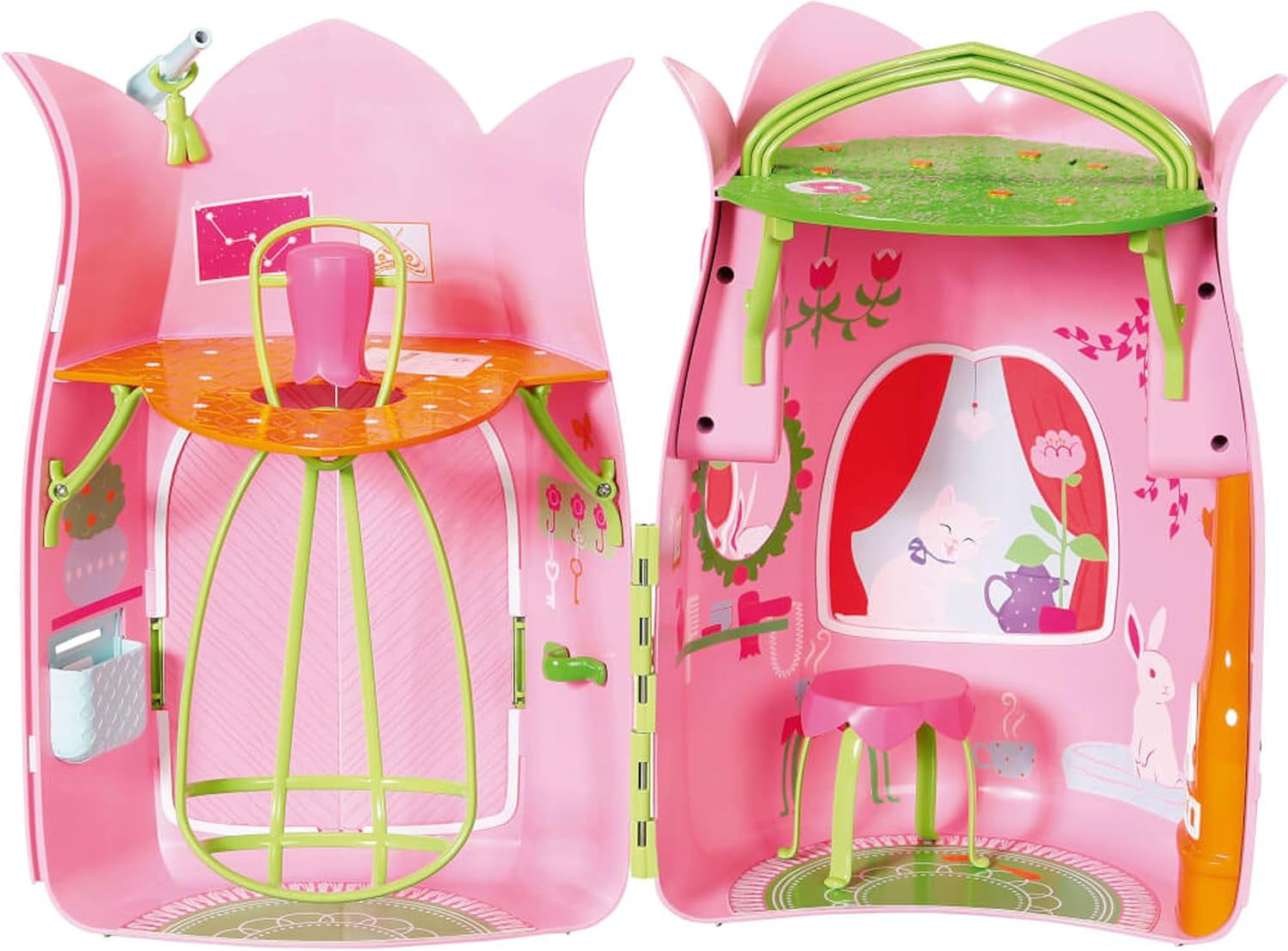 BABY Born Storybook Cottage, Casa de muñecas plegable para muñecas de 18 cm con mesa, chimenea, chaise longue y telescopio, rosa verde, 833803 Zapf Creation Casas de muñecas Naty Shop