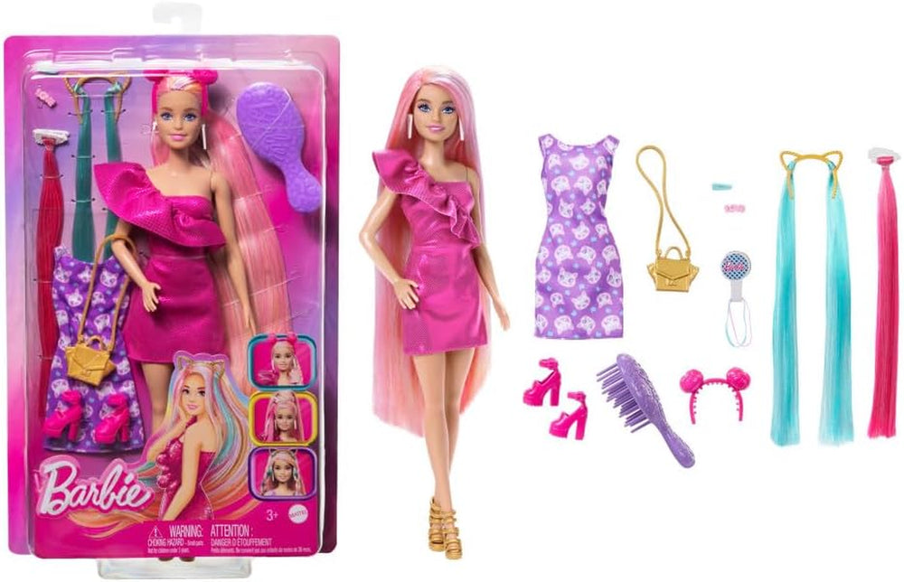 Barbie Totally Hair - Păpușă cu păr curcubeu extra lung, ușor de coafat și 10 accesorii de modă și styling, rochie cu buline și blocuri de culoare, pentru copii cu vârsta de 3 ani și peste, HKT96