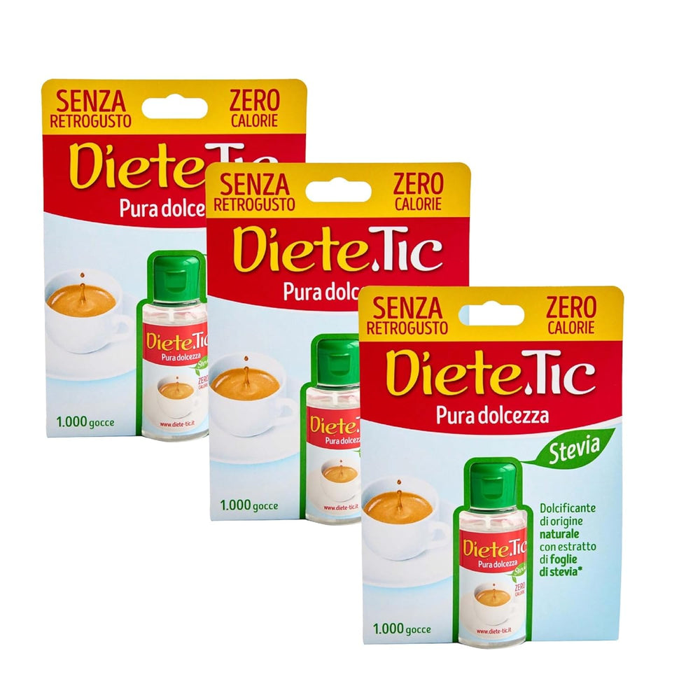 Diete.Tic Edulcorante líquido con Stevia, cero calorías, práctico paquete de 3 x 50 ml (1000 gotas), sin gluten, sin conservantes, ideal para endulzar bebidas, yogures y ensaladas de frutas