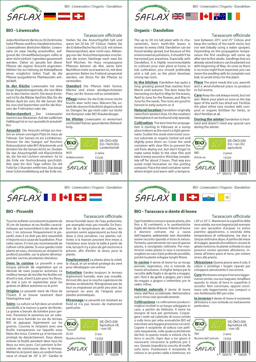 SAFLAX - BIO - Diente de león - 400 semillas - Taraxacum officinale