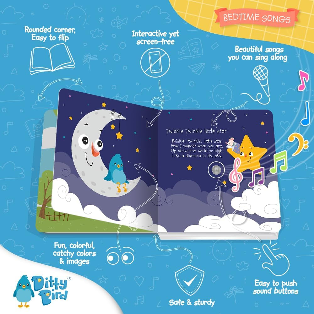 DITTY BIRD Baby Bedtime Songs - Jucărie pentru copii cu 6 butoane sonore pentru învățarea limbii engleze. Cântec de leagăn interactiv perfect pentru copiii bilingvi de la vârsta de 1 an. Jucarii Bebe Naty Shop