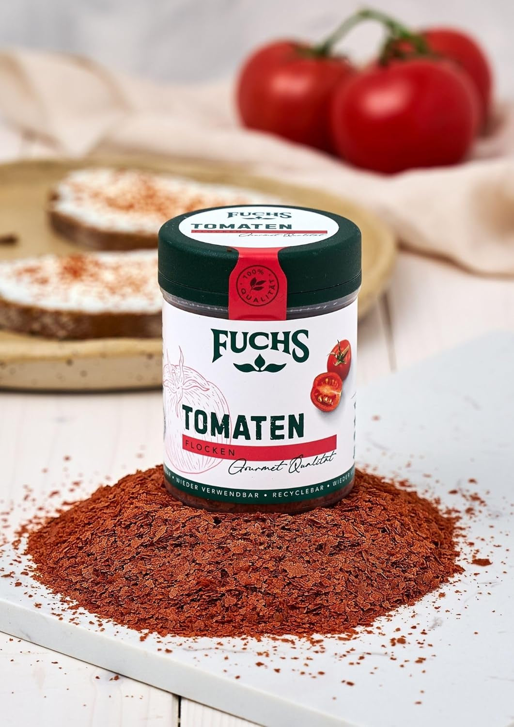 Fuchs Gewürze - Tomaten Flocken - Gewürz für Ofenfeta oder tomatigen Geschmack in Saucen - Ingredientes naturales - 40 g en wiederverwendbarer, recyclebarer Dosis