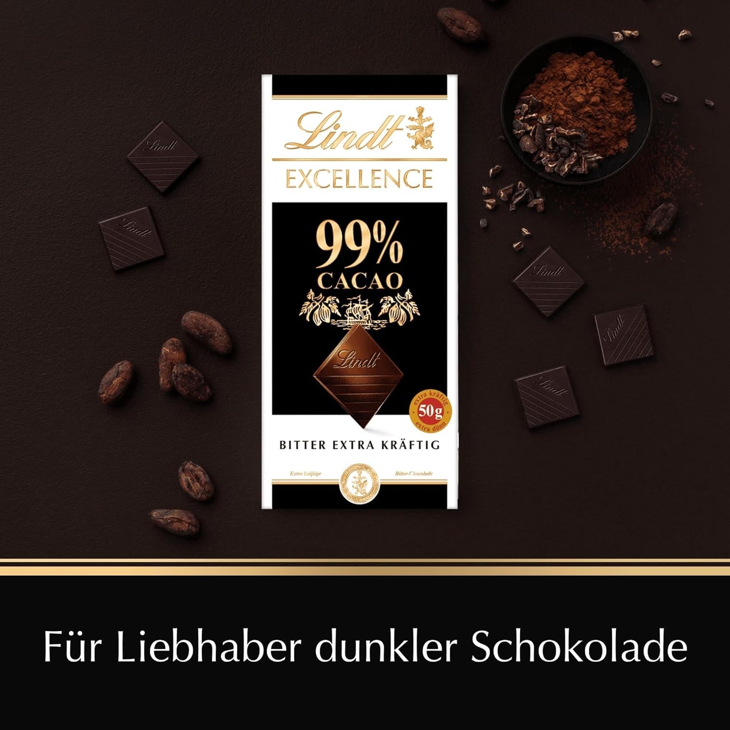 Lindt EXCELENCIA 99% Kakao - Edelbitter-Chocolate | Tafel 50 G | Chocolate amargo extra kräftige | Intensificador Kakao-Geschmack | Chocolate amargo | Schokolade vegana | Tienda Schokoladengeschenk Naty