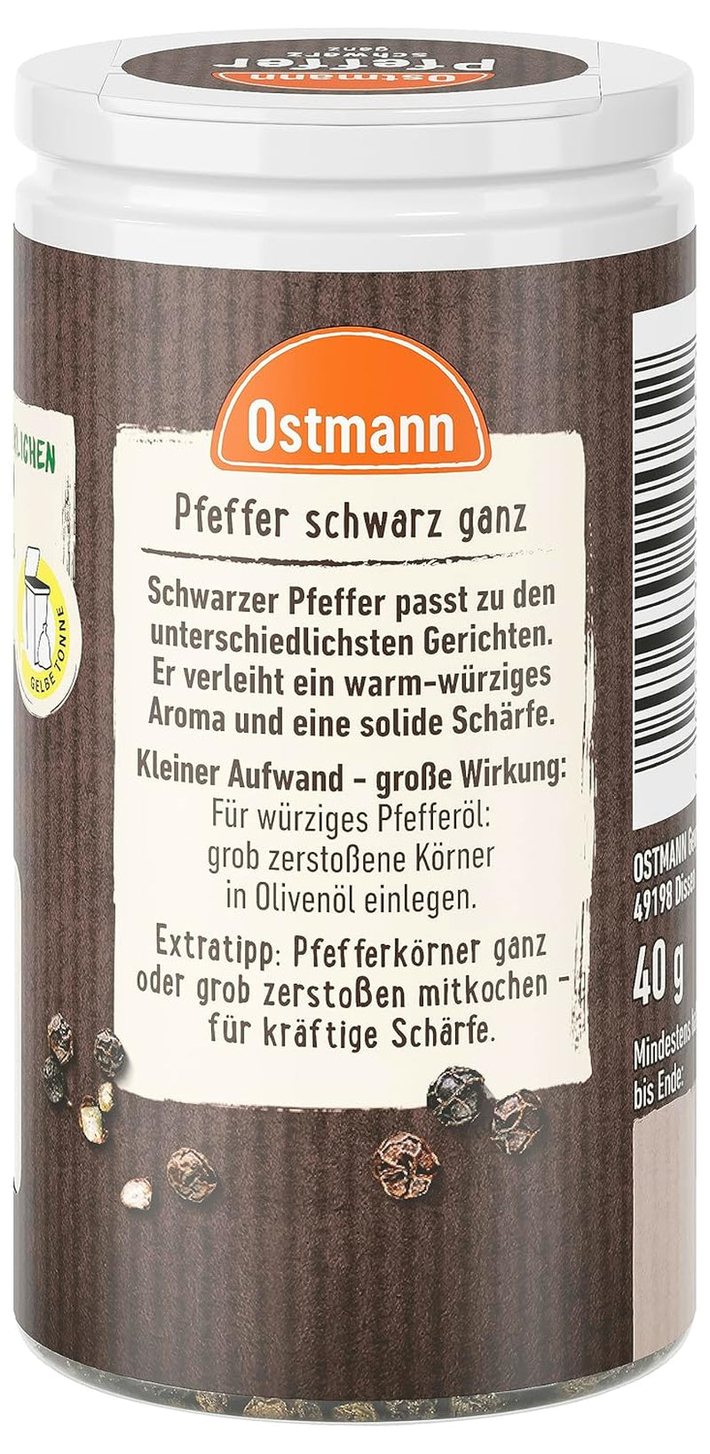 Ostmann Gewürze - Pfeffer schwarz ganz | 40 g en Der Streudose