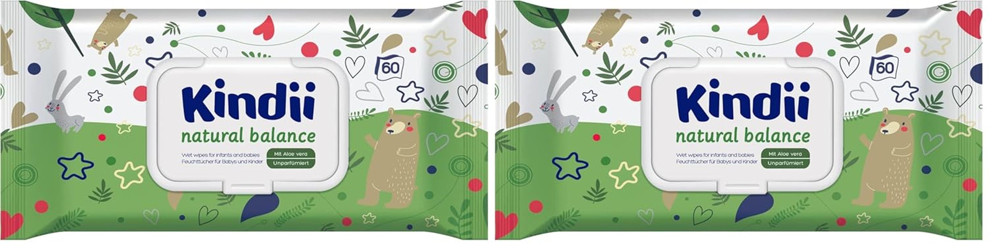 Toallitas húmedas Kindii Natural Balance para bebés - (1 x 60 uds.) Toallitas húmedas para bebés y niños - Protectoras, Aloe Vera, Fragancia delicada - 60 uds.