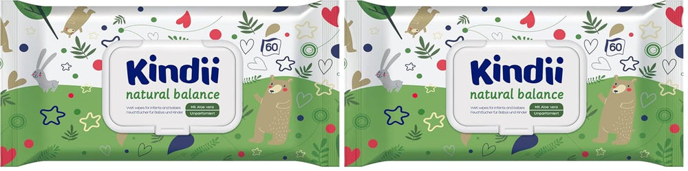 Toallitas húmedas Kindii Natural Balance para bebés - (1 x 60 uds.) Toallitas húmedas para bebés y niños - Protectoras, Aloe Vera, Fragancia delicada - 60 uds.