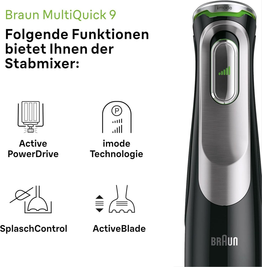 Braun Multiquick 9 MQ 9147X - Batidora 5 en 1 con batidora de pie, aufsatz, zerkleinerer, kartoffel- & gemüsestampfer & schneebesen, Stufenlose Geschwindigkeitsenstellung, 1200 W, Schwarz/Edelstahl Cocina Naty Shop