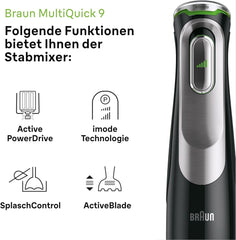 Braun Multiquick 9 MQ 9147X - Batidora 5 en 1 con batidora de pie, aufsatz, zerkleinerer, kartoffel- & gemüsestampfer & schneebesen, Stufenlose Geschwindigkeitsenstellung, 1200 W, Schwarz/Edelstahl Cocina Naty Shop