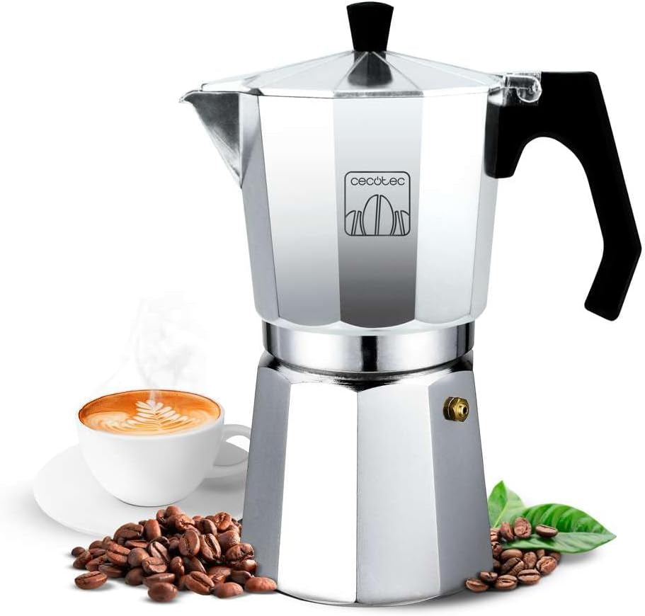 Cafetieră italiană Cecotec Cumbia Mokclassic 600 Neagră, 300 ml, fabricată din aluminiu cu o capacitate de 6 cești de cafea, potrivită pentru toate tipurile de plite și ușor de curățat.