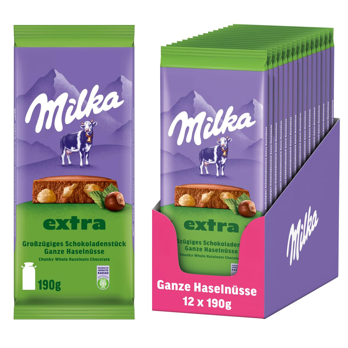 Avellanas enteras con chocolate Milka Extra - Chocolate con leche alpino con avellanas enteras crujientes - 12 x 190g