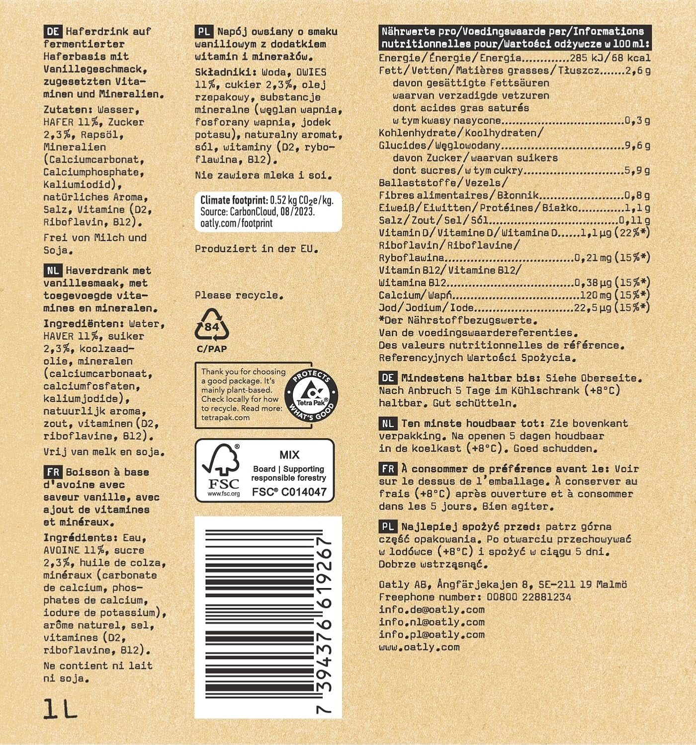 Oatly Haferdrink Vainilla 1L (paquete de 6)