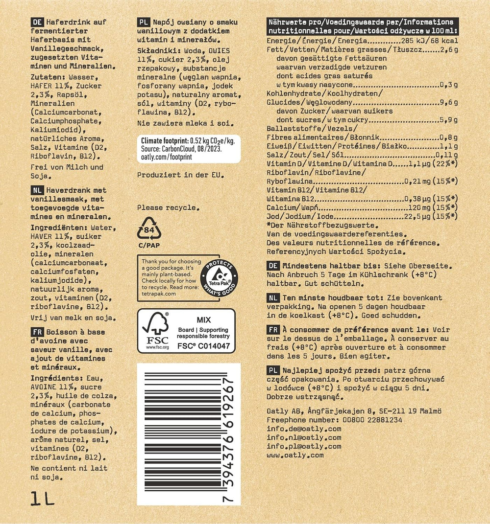Oatly Haferdrink Vainilla 1L (paquete de 6)